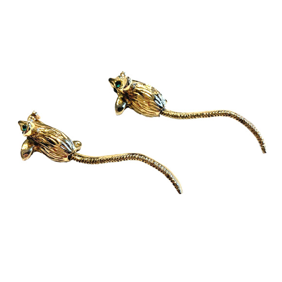 Vintage Mice Mouse Scatter Pins Articulated Tails Goldtone Green Rhinestone Eyes - Picture 1 of 7